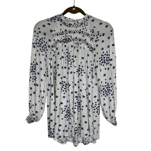 Free People Top Women Small White Blue Smocked Long Sleeve Blouse Romantic Cute